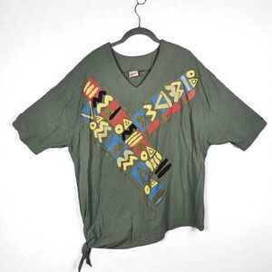 Vintage Haband!‎ Top Woman Green Tie Bottom Abstract Hi Lo V Neck Short Sleeve